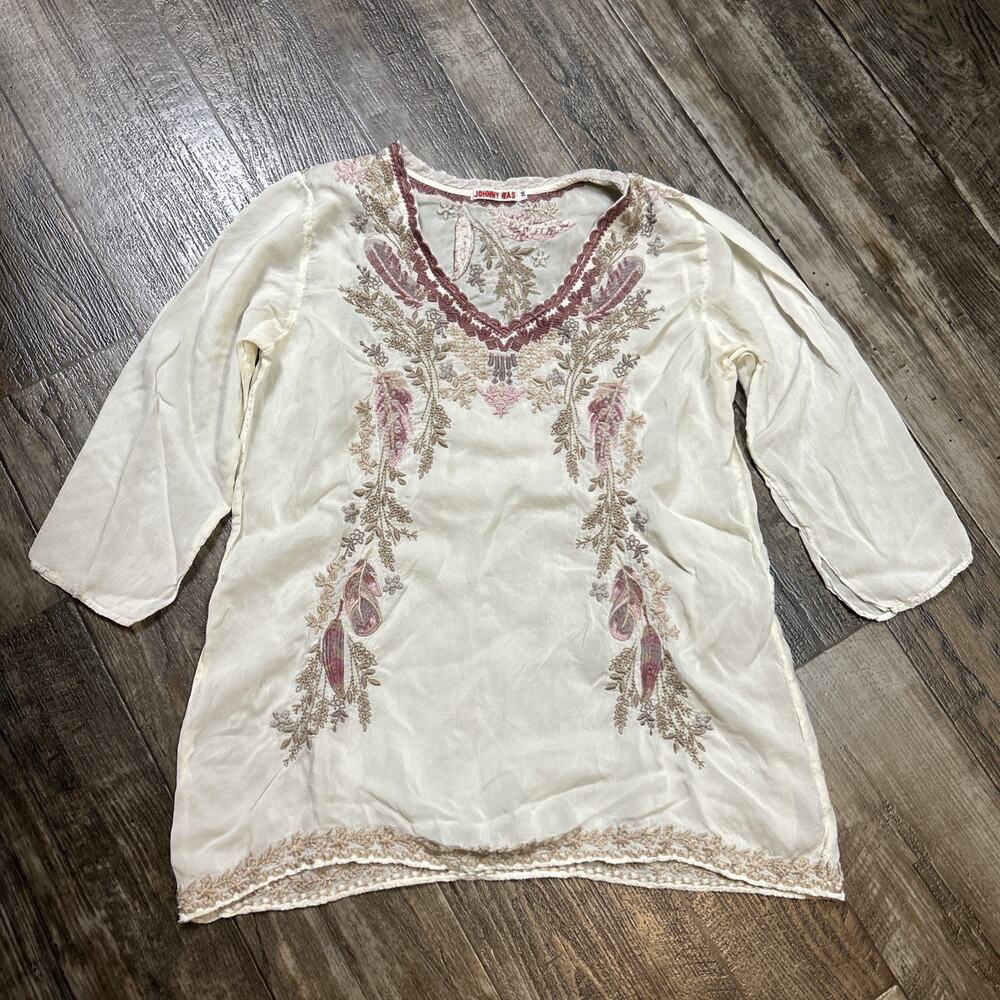 Johnny Was Women's Pink Floral V-Neck Embroidered Long Sleeve Blouse M